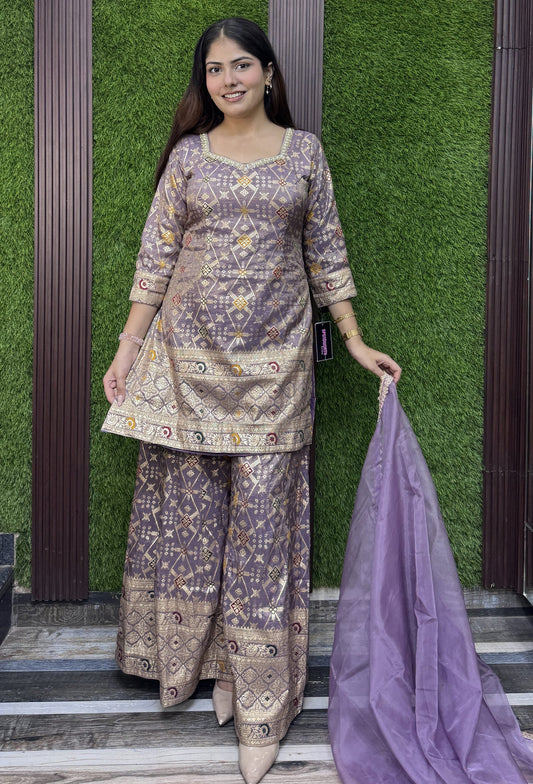 Pure Banarasi Straight Sharara Suit with Organza Bordered Dupatta