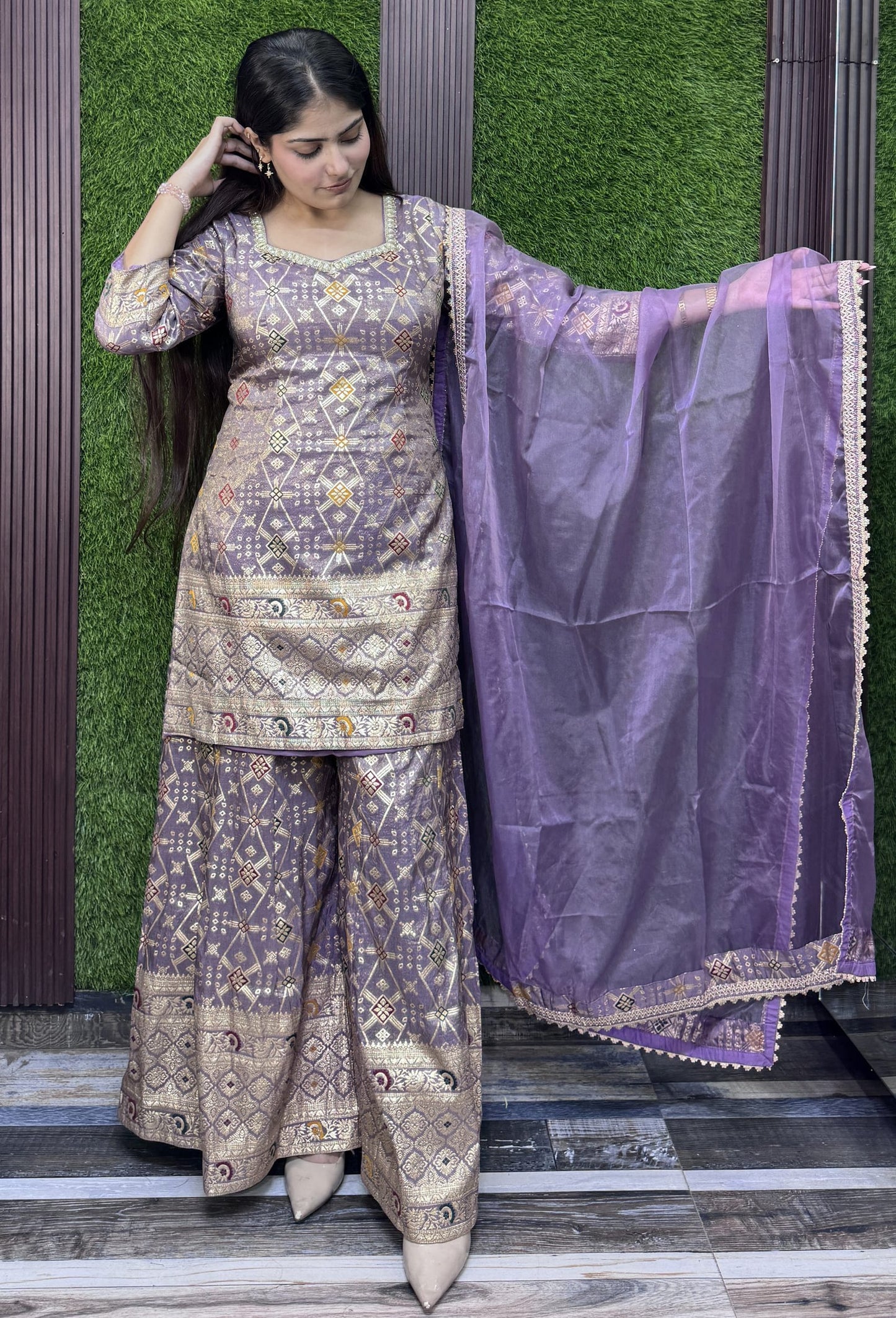 Pure Banarasi Straight Sharara Suit with Organza Bordered Dupatta