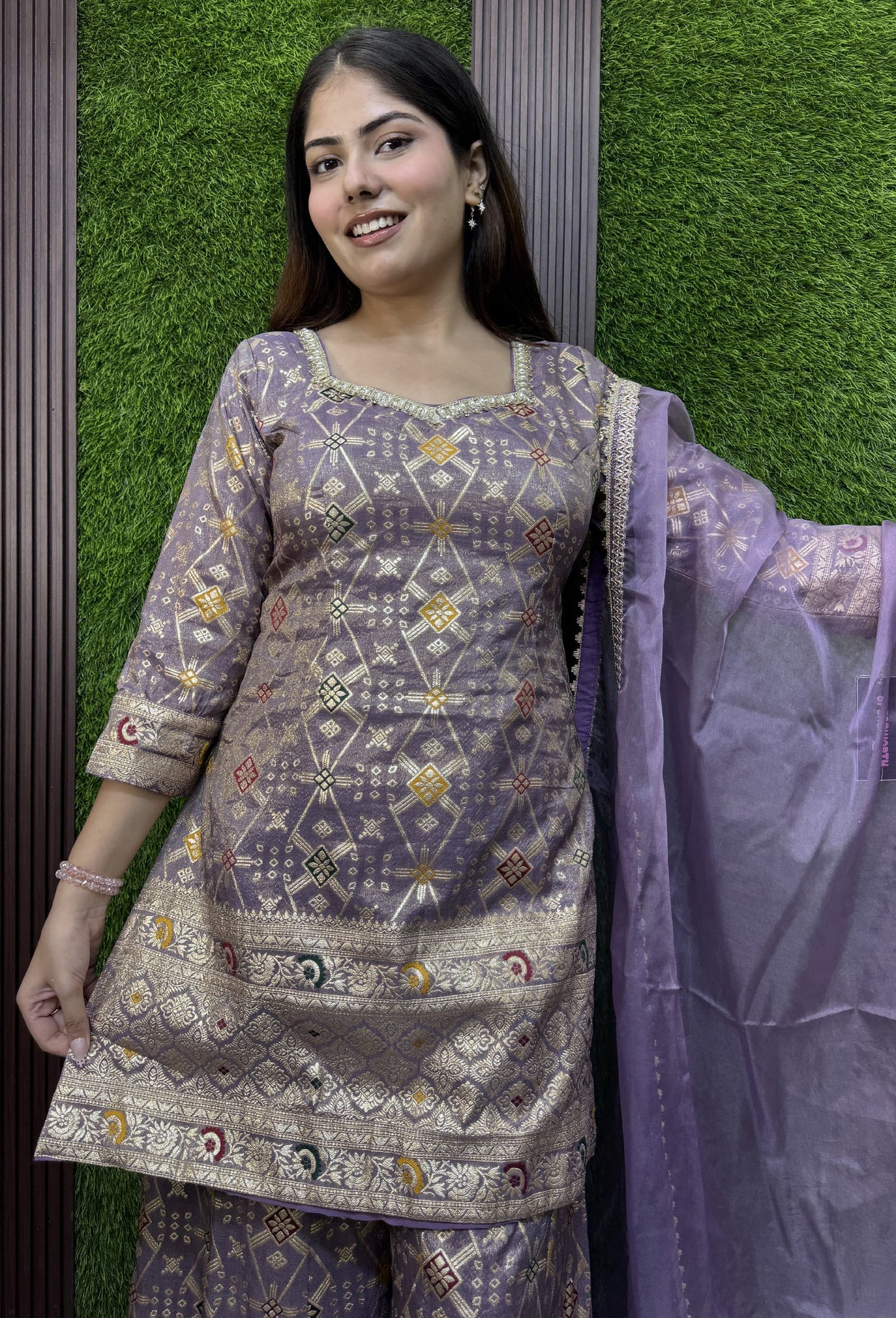 Pure Banarasi Straight Sharara Suit with Organza Bordered Dupatta