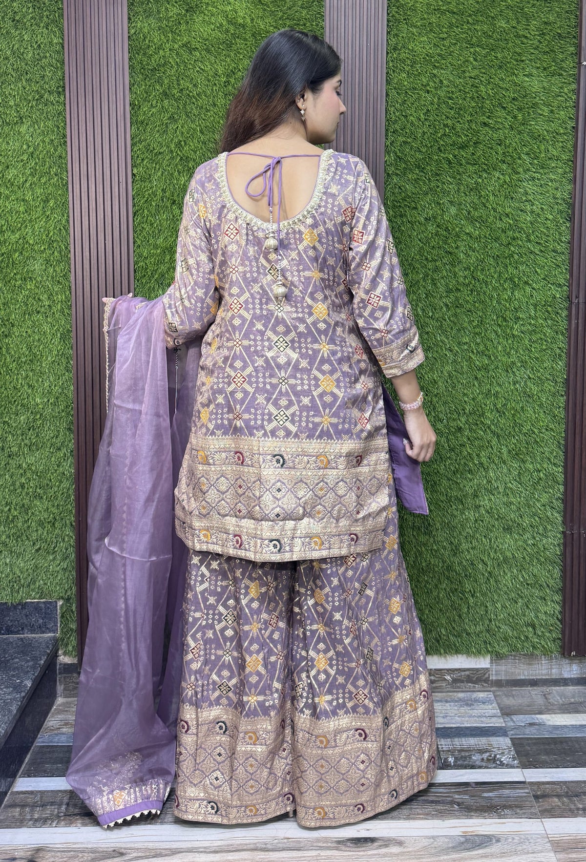 Pure Banarasi Straight Sharara Suit with Organza Bordered Dupatta