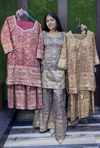 Pure Banarasi Straight Sharara Suit with Organza Bordered Dupatta
