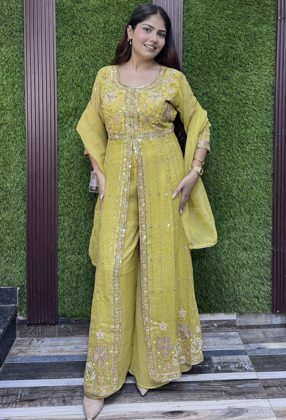 Designer Front Slit Anarkali with Palazzo and Silk Dupatta