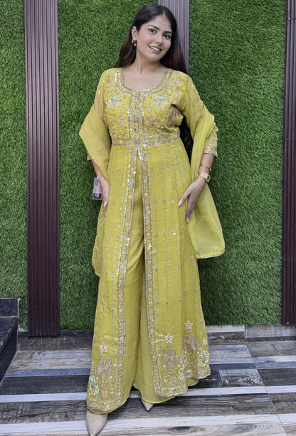 Designer Front Slit Anarkali with Palazzo and Silk Dupatta