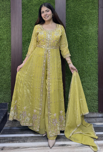 Designer Front Slit Anarkali with Palazzo and Silk Dupatta