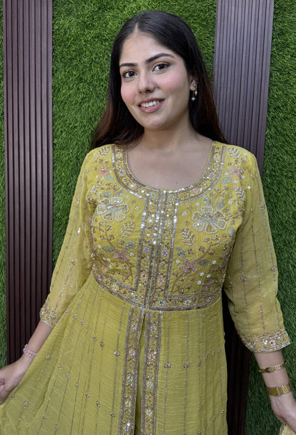 Designer Front Slit Anarkali with Palazzo and Silk Dupatta