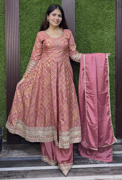 Pure Banarasi Silk Front Cut Anarkali with Chinnon Palazzo and Dupatta