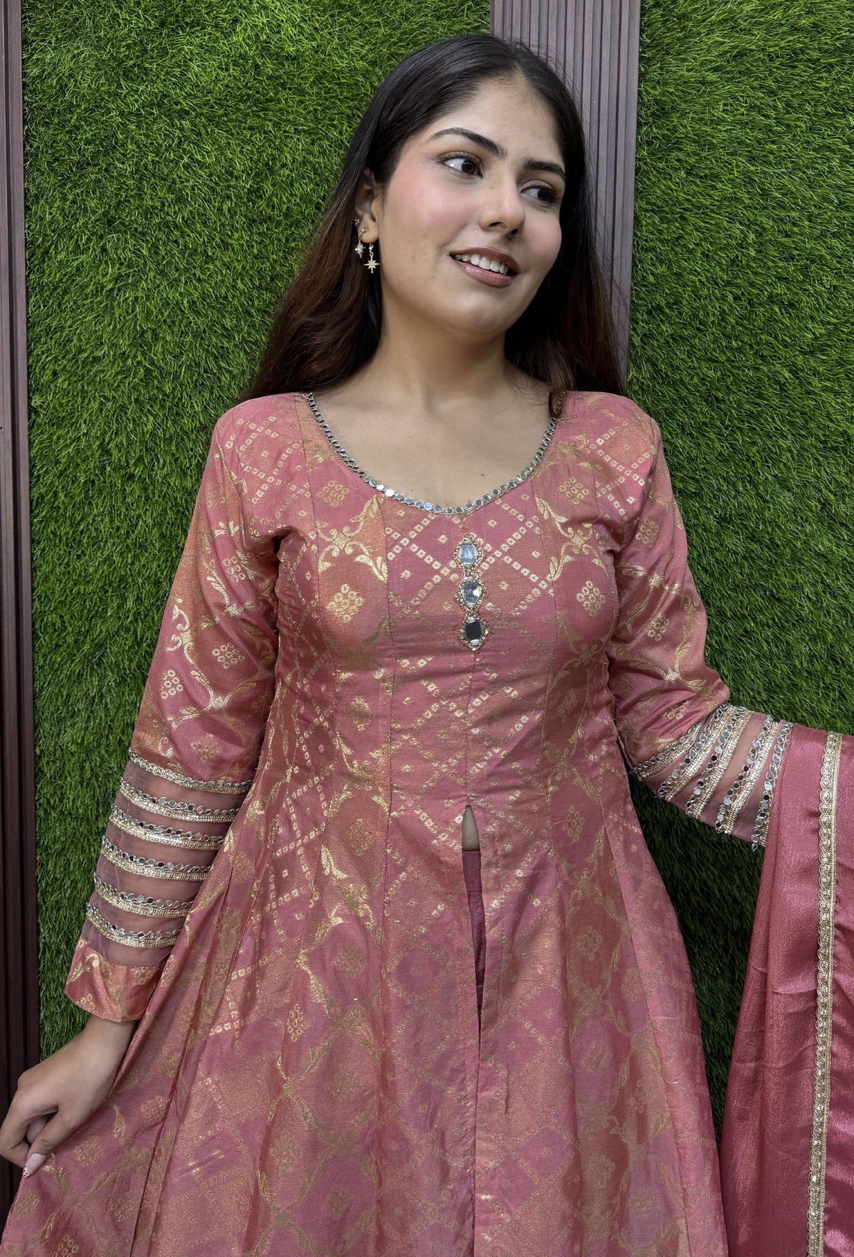 Pure Banarasi Silk Front Cut Anarkali with Chinnon Palazzo and Dupatta