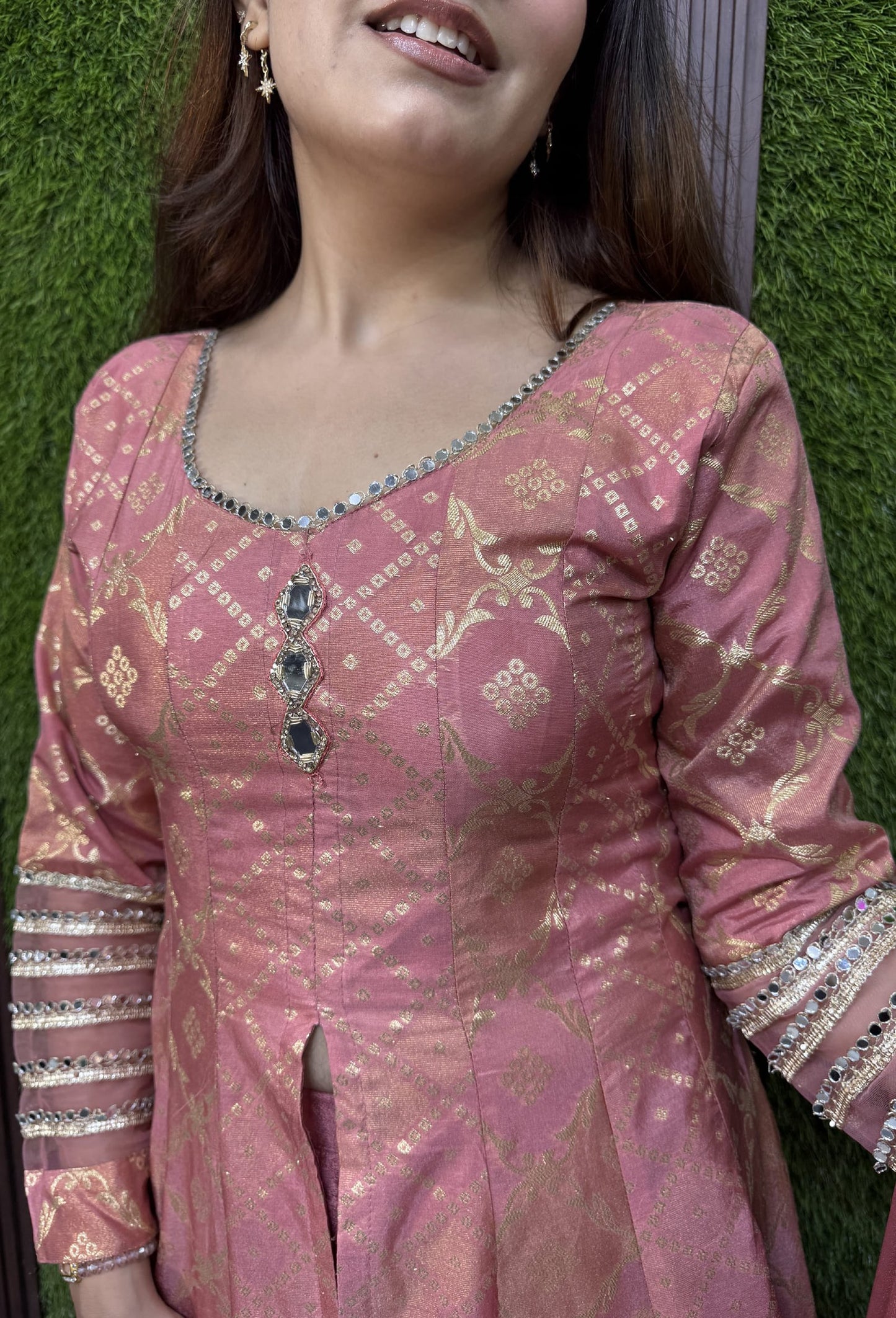 Pure Banarasi Silk Front Cut Anarkali with Chinnon Palazzo and Dupatta