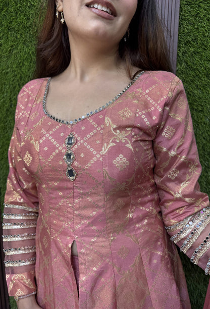 Pure Banarasi Silk Front Cut Anarkali with Chinnon Palazzo and Dupatta