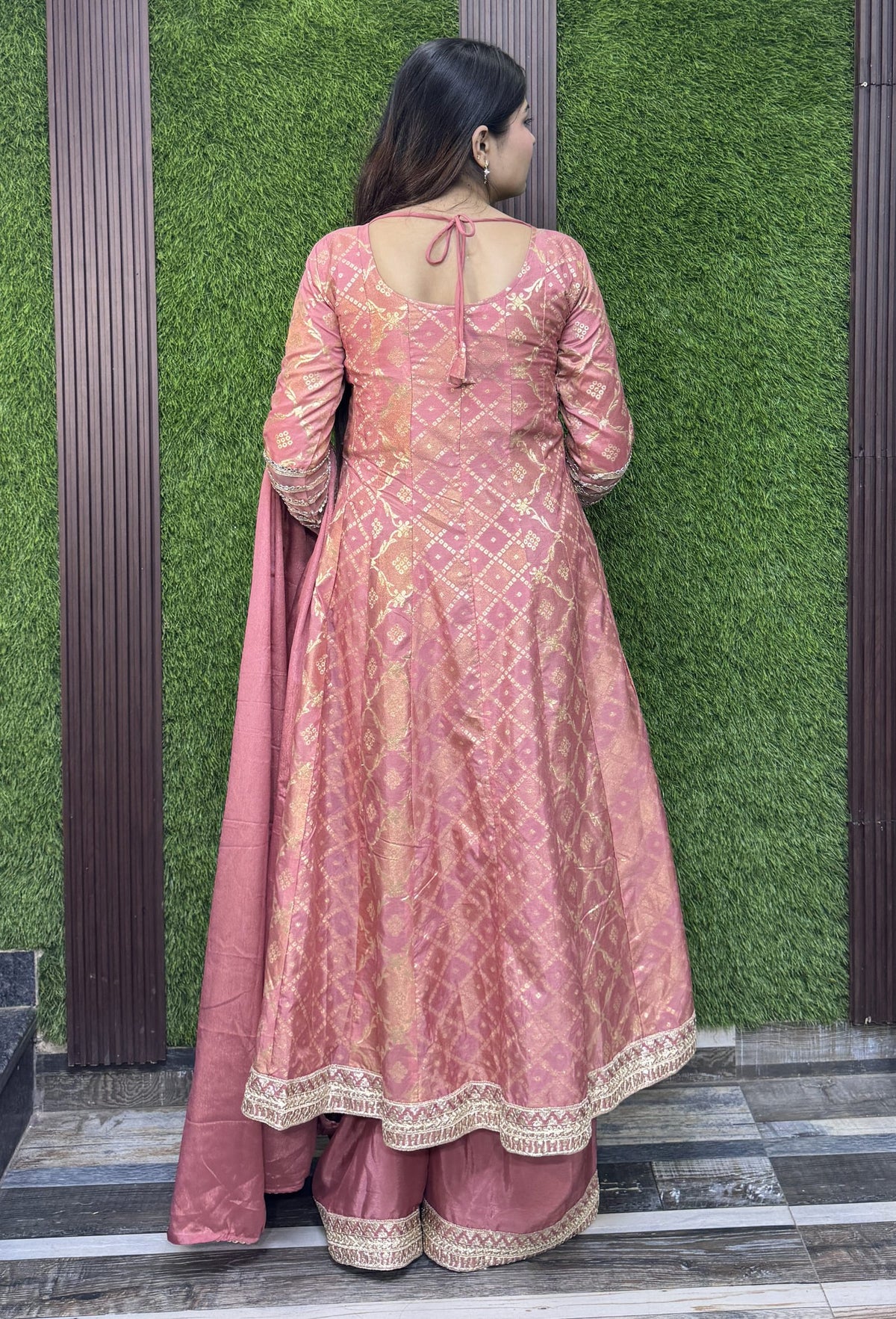 Pure Banarasi Silk Front Cut Anarkali with Chinnon Palazzo and Dupatta