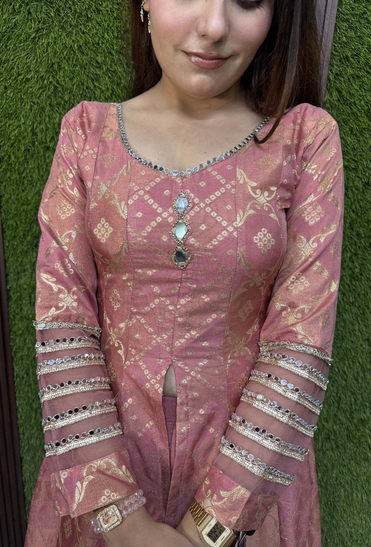 Pure Banarasi Silk Front Cut Anarkali with Chinnon Palazzo and Dupatta
