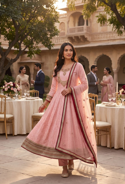 Pure Banarasi Anarkali Suit with Emerald Stone Neckline & Net Dupatta - Flared Anarkali Dress