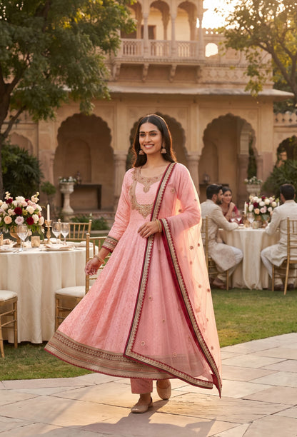 Pure Banarasi Anarkali Suit with Emerald Stone Neckline & Net Dupatta - Flared Anarkali Dress