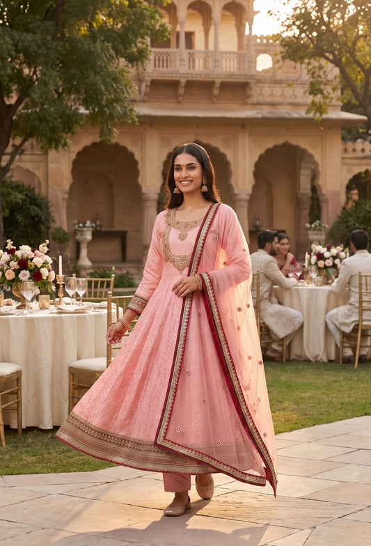 Pure Banarasi Anarkali Suit with Emerald Stone Neckline & Net Dupatta - Flared Anarkali Dress