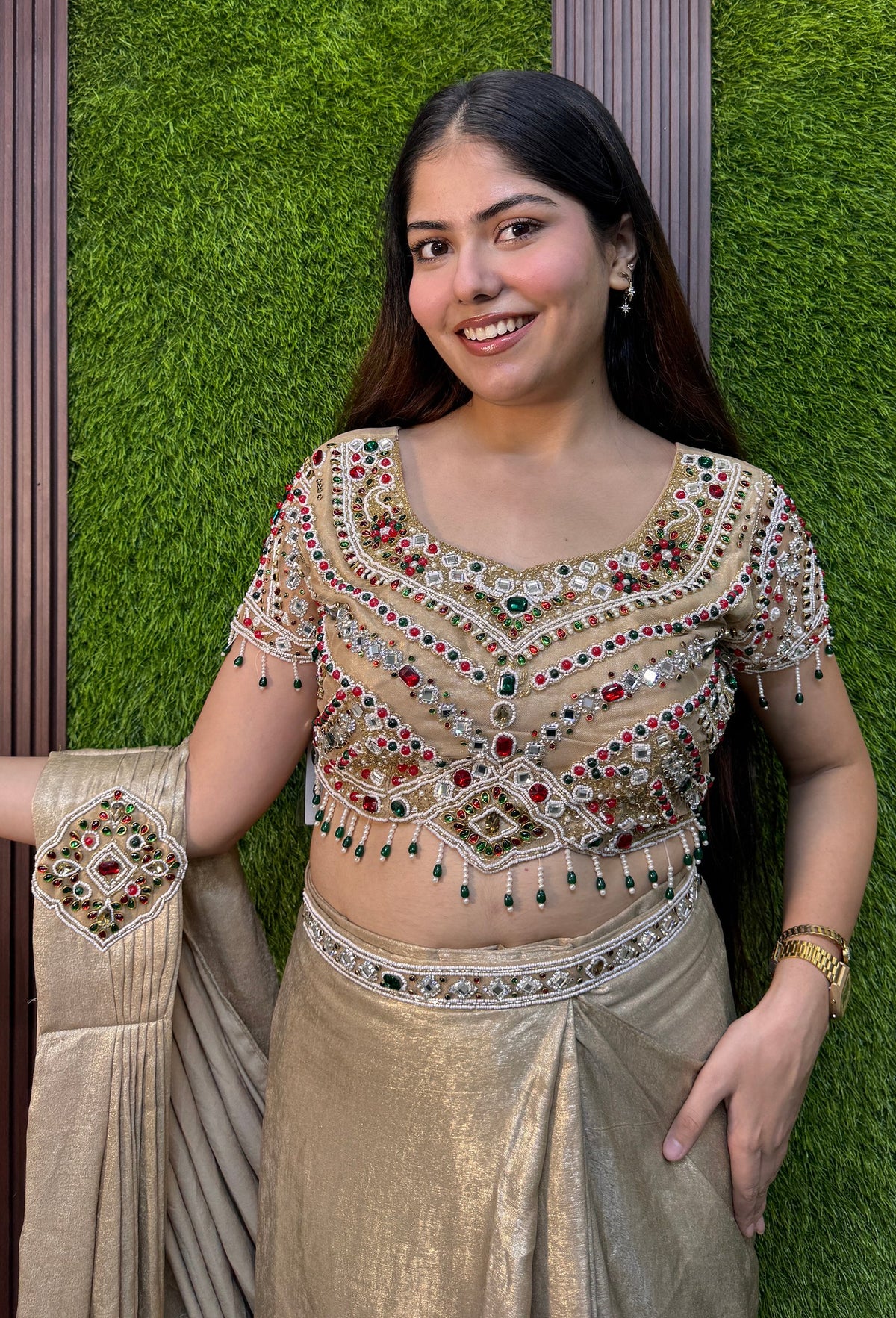 Emerald Stone Hand Work Blouse Ready to Wear Saree in Shimmer Imported Silk with Gold Waist Belt