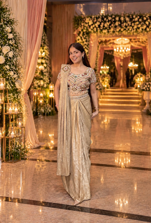Emerald Stone Hand Work Blouse Ready to Wear Saree in Shimmer Imported Silk with Gold Waist Belt