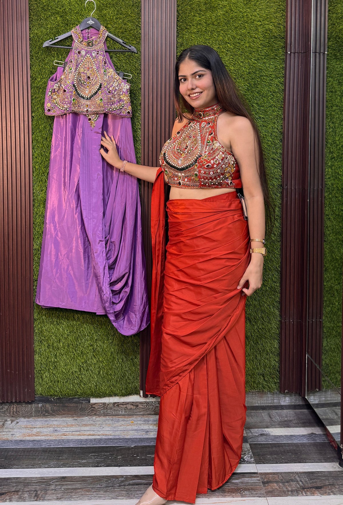Halter Neck Designer Drape Saree with Heavy Embellished Blouse in Armani Satin - Back Design