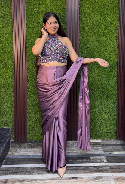 Halter Neck Designer Drape Saree with Heavy Embellished Blouse in Armani Satin - Back Design