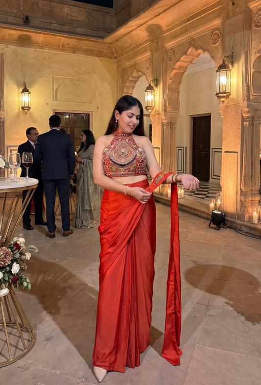 Halter Neck Designer Drape Saree with Heavy Embellished Blouse in Armani Satin - Back Design
