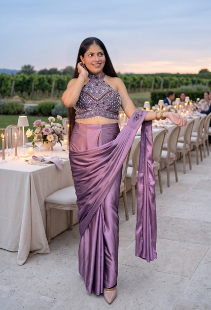 Halter Neck Designer Drape Saree with Heavy Embellished Blouse in Armani Satin - Back Design
