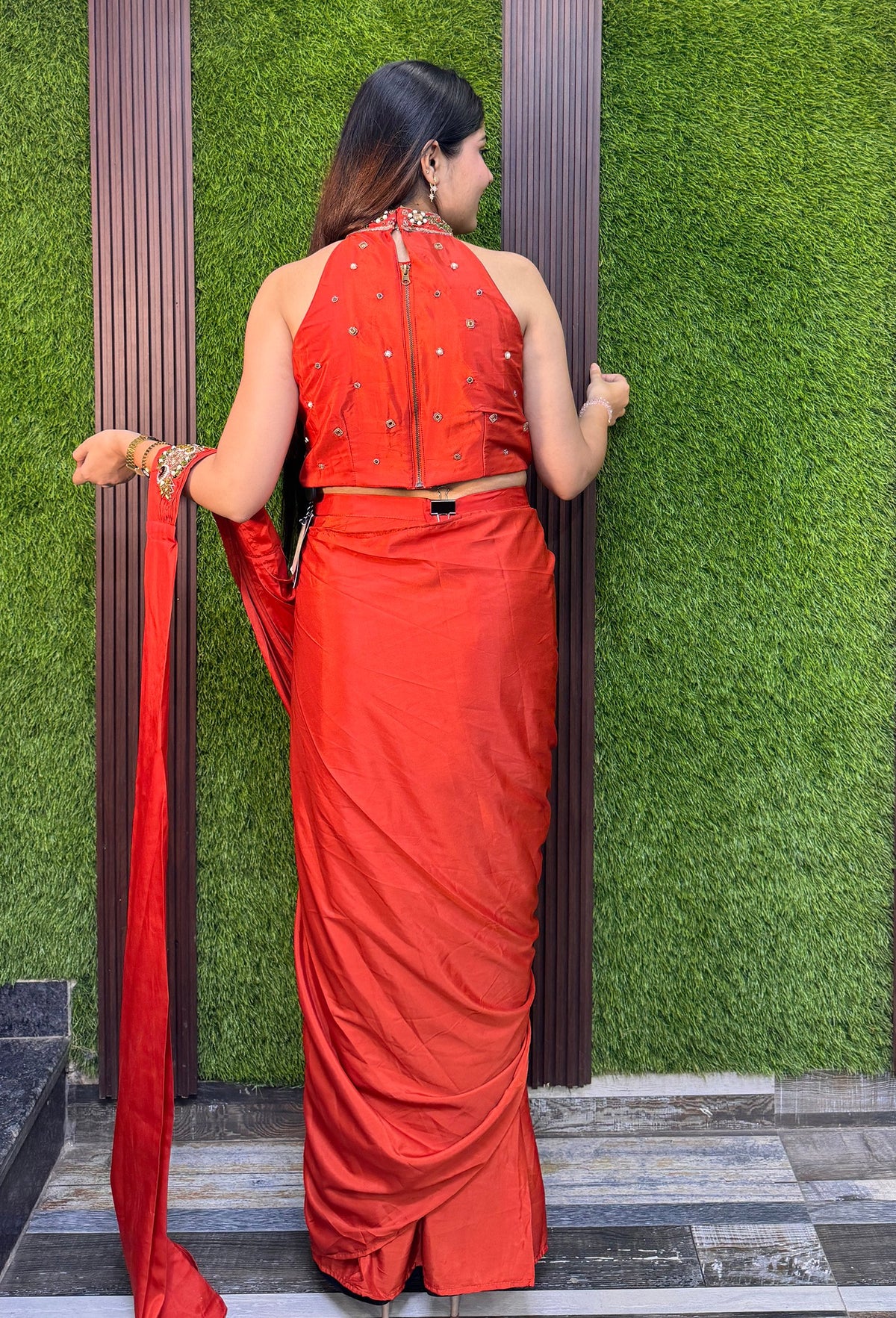 Halter Neck Designer Drape Saree with Heavy Embellished Blouse in Armani Satin - Back Design