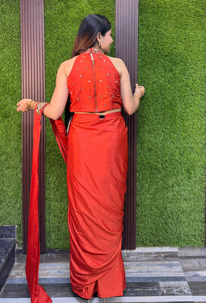 Halter Neck Designer Drape Saree with Heavy Embellished Blouse in Armani Satin - Back Design