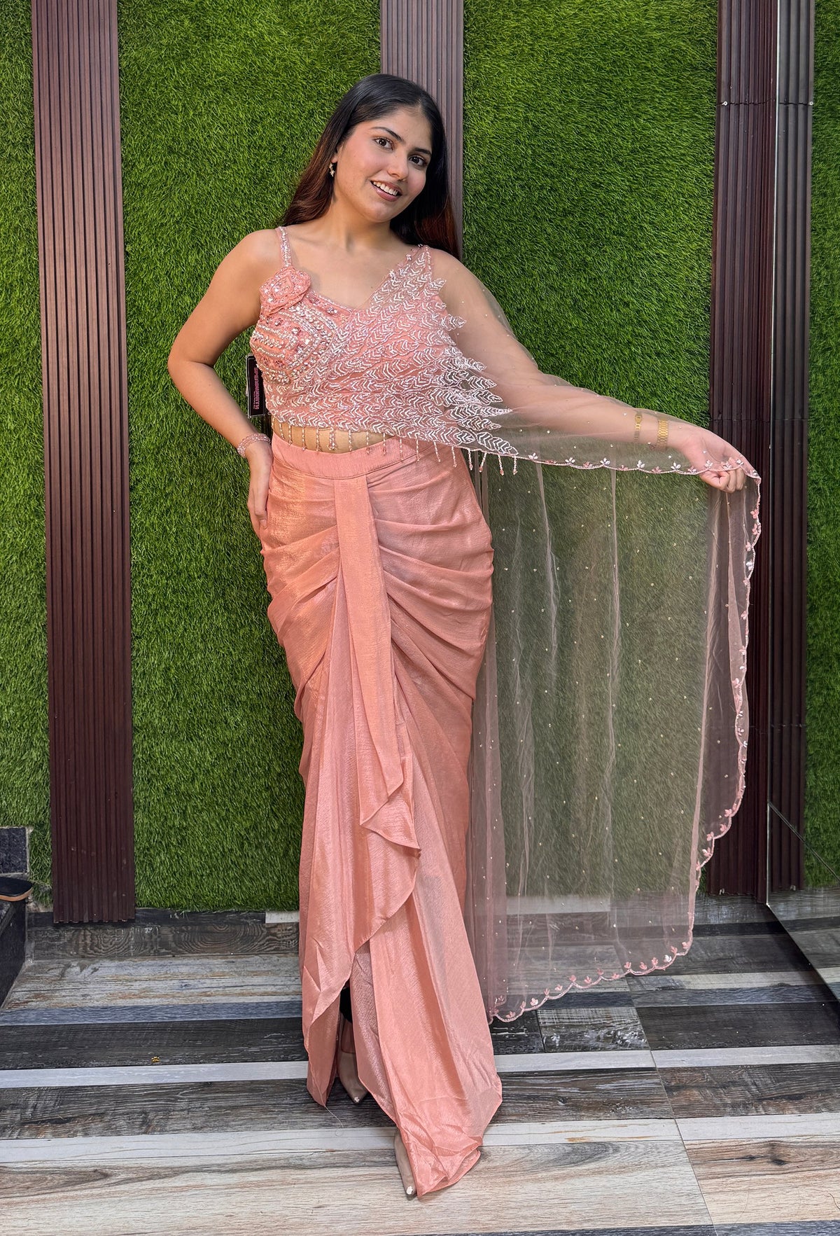 Girlish Style Spaghetti Style Indo Western Dress with Connected Dupatta