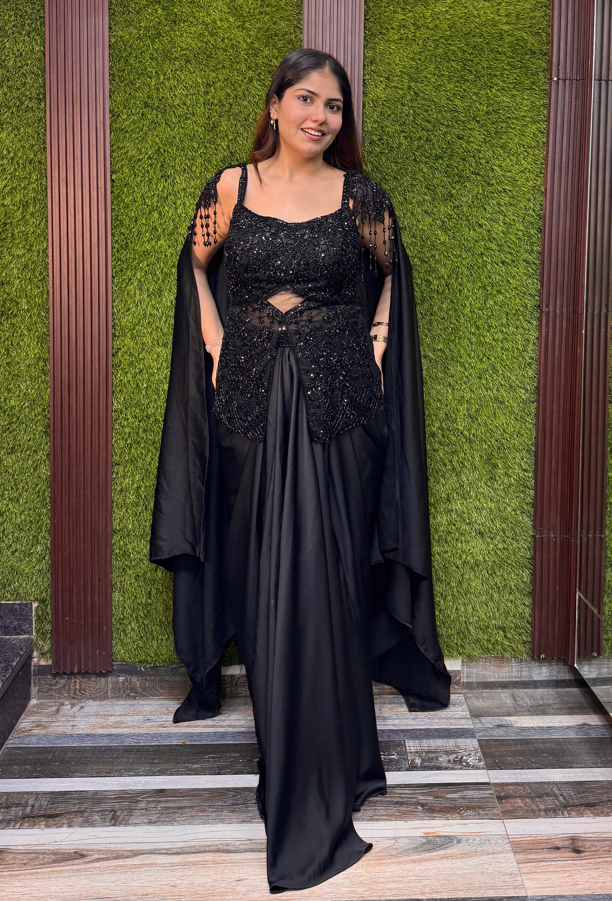 Embellished Peplum Indo Western Dress with Armani Satin Cowl Skirt & Falling Sleeves