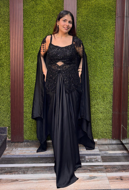 Embellished Peplum Indo Western Dress with Armani Satin Cowl Skirt & Falling Sleeves