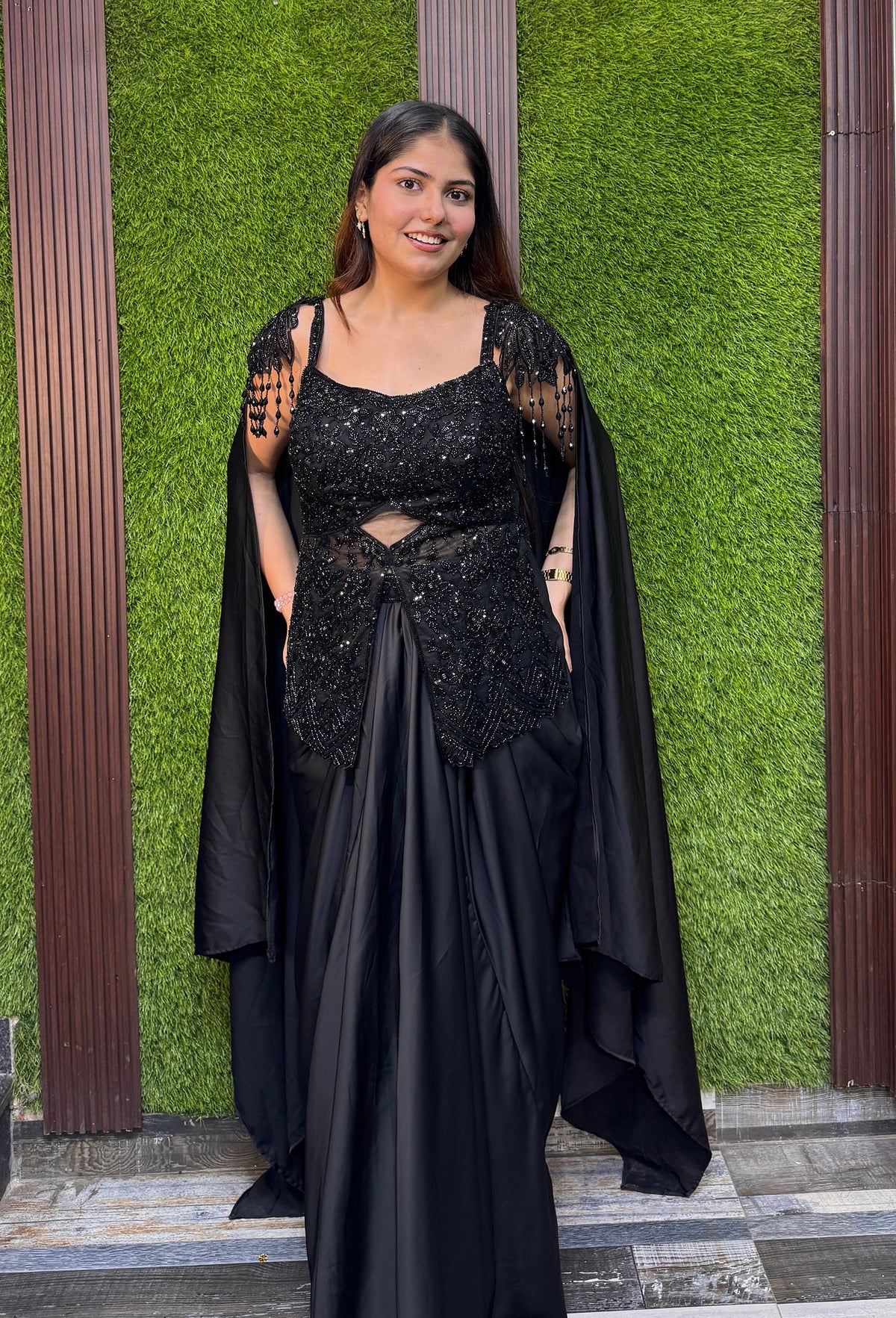 Embellished Peplum Indo Western Dress with Armani Satin Cowl Skirt & Falling Sleeves