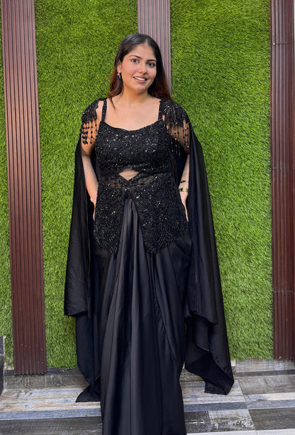 Embellished Peplum Indo Western Dress with Armani Satin Cowl Skirt & Falling Sleeves