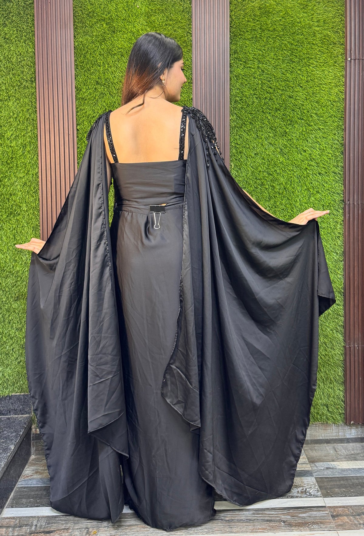 Embellished Peplum Indo Western Dress with Armani Satin Cowl Skirt & Falling Sleeves