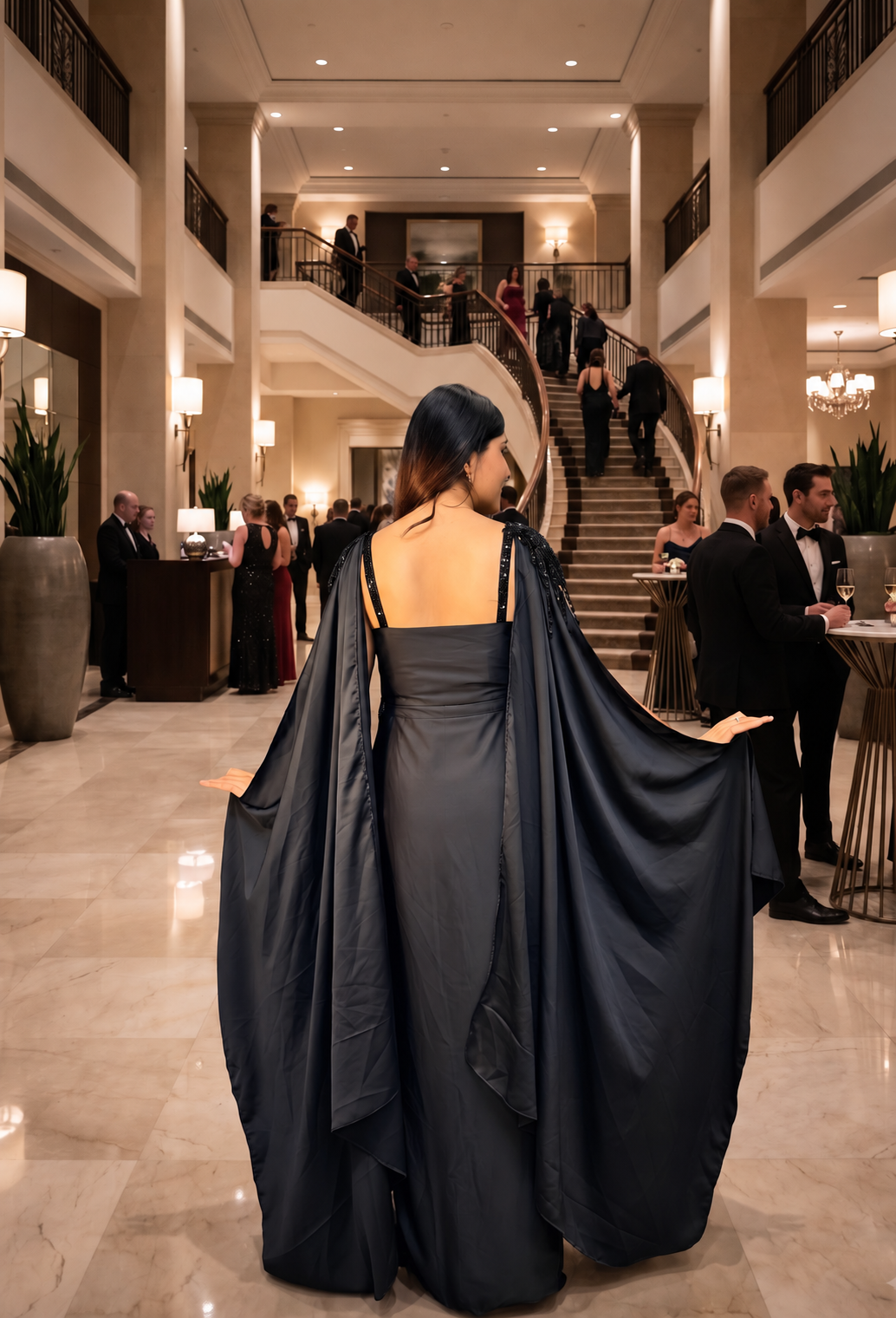 Embellished Peplum Indo Western Dress with Armani Satin Cowl Skirt & Falling Sleeves