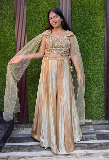 Hand Work Cape Style Crop Top Sharara with Two-Tone Flared Palazzo in Pure Organza Silk