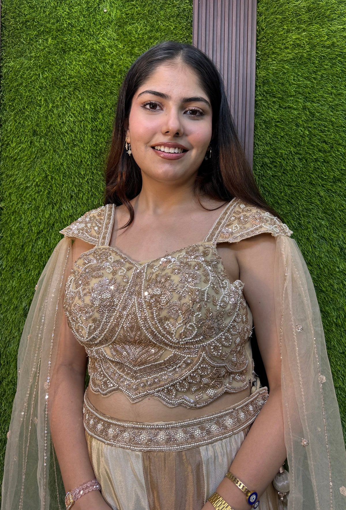 Hand Work Cape Style Crop Top Sharara with Two-Tone Flared Palazzo in Pure Organza Silk