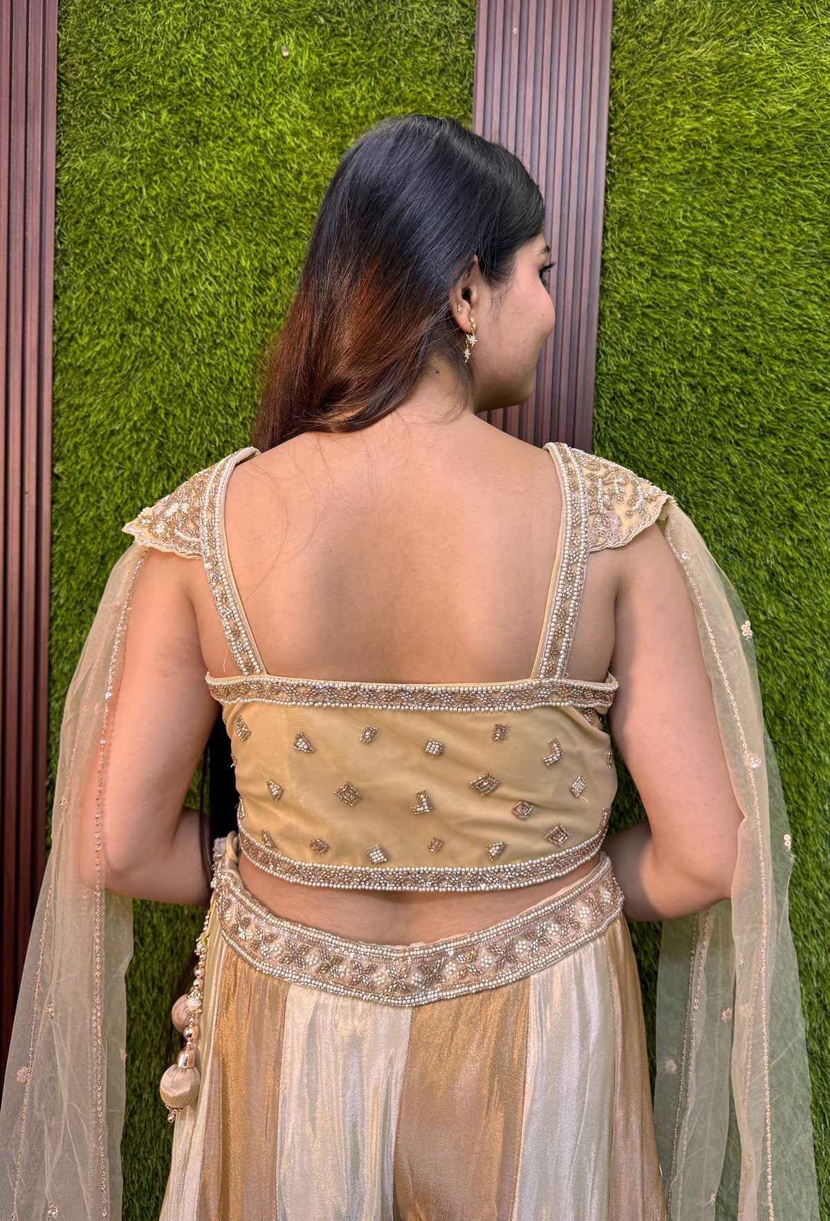 Hand Work Cape Style Crop Top Sharara with Two-Tone Flared Palazzo in Pure Organza Silk