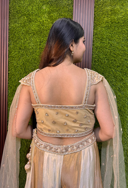 Hand Work Cape Style Crop Top Sharara with Two-Tone Flared Palazzo in Pure Organza Silk