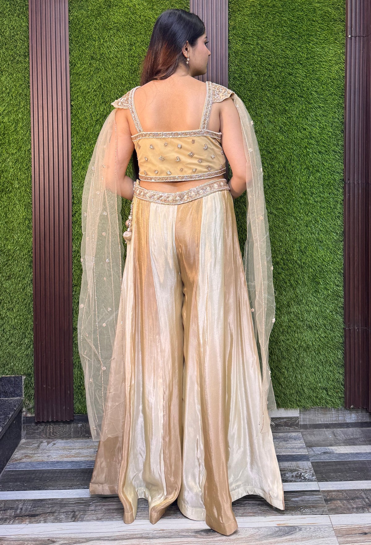 Hand Work Cape Style Crop Top Sharara with Two-Tone Flared Palazzo in Pure Organza Silk