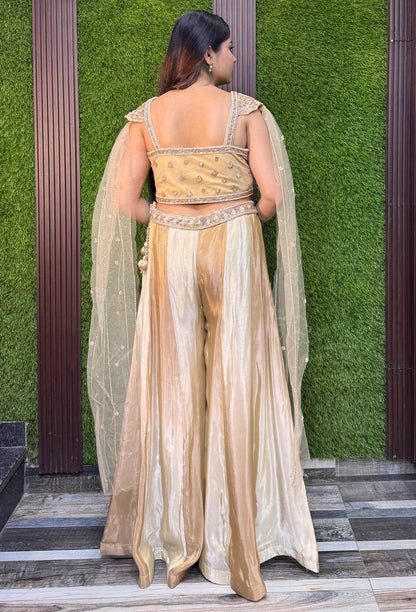 Hand Work Cape Style Crop Top Sharara with Two-Tone Flared Palazzo in Pure Organza Silk