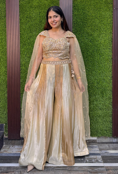 Hand Work Cape Style Crop Top Sharara with Two-Tone Flared Palazzo in Pure Organza Silk