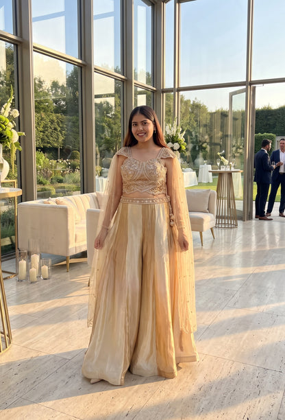 Hand Work Cape Style Crop Top Sharara with Two-Tone Flared Palazzo in Pure Organza Silk