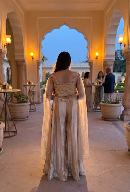 Hand Work Cape Style Crop Top Sharara with Two-Tone Flared Palazzo in Pure Organza Silk