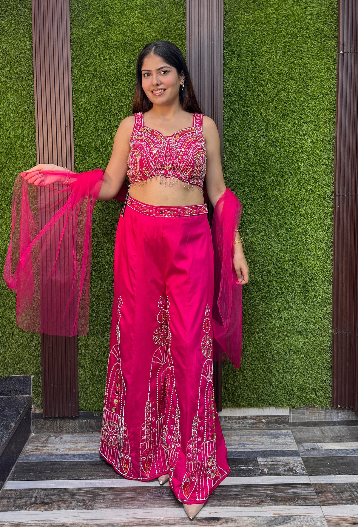 PDP Style Fully Embellished Crop Top Sharara with Choker Dupatta - Silk Sharara Set
