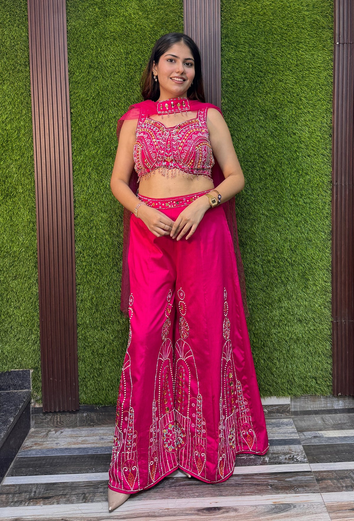 PDP Style Fully Embellished Crop Top Sharara with Choker Dupatta - Silk Sharara Set