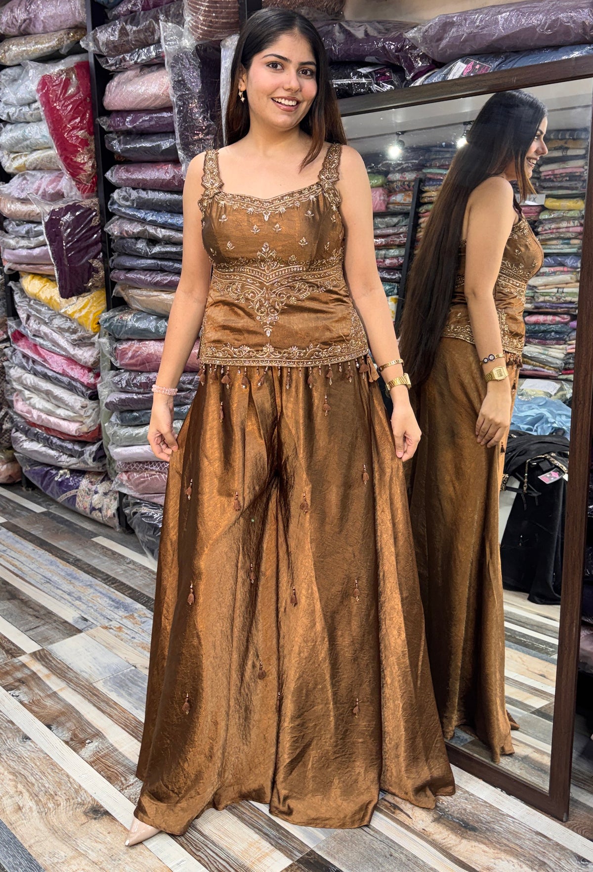 Girlish Designer Spaghetti Style Sharara Suit & Choker Dupatta