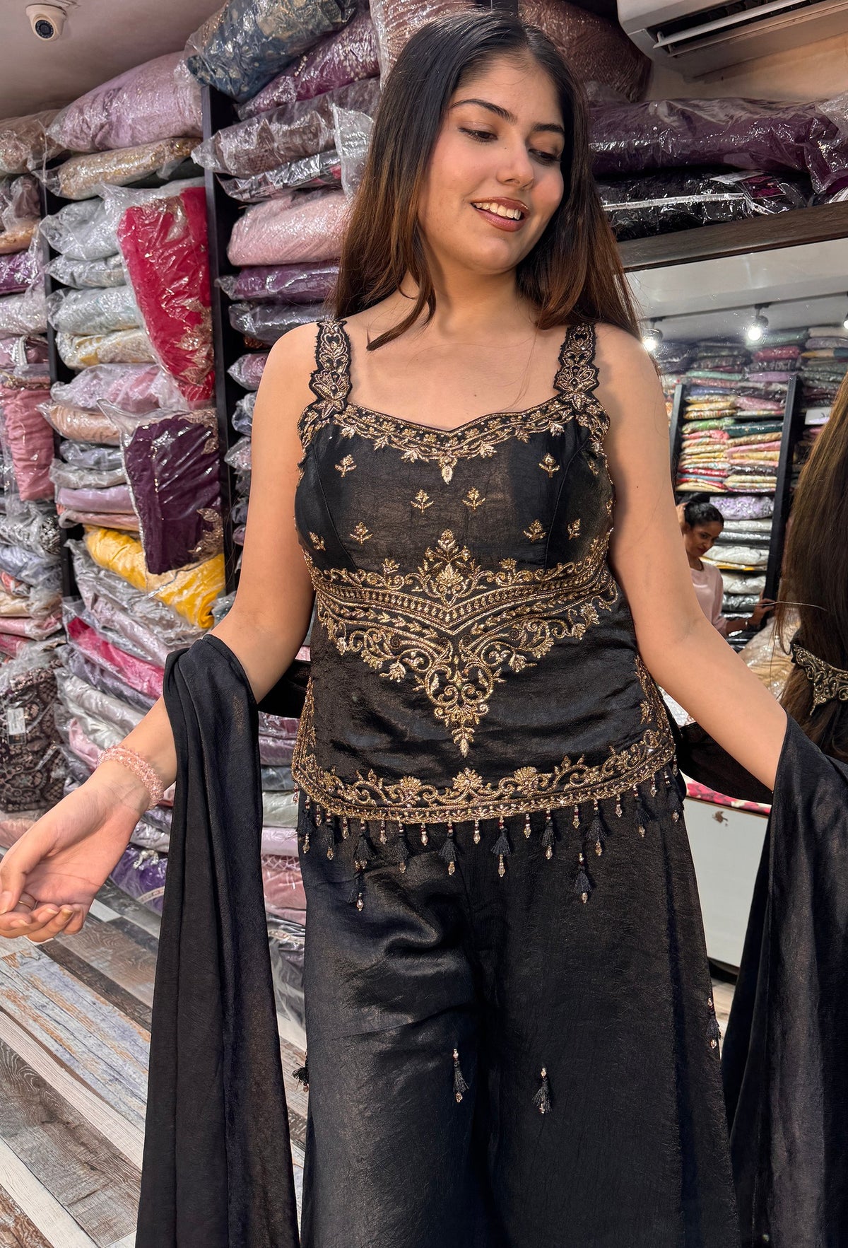 Girlish Designer Spaghetti Style Sharara Suit & Choker Dupatta