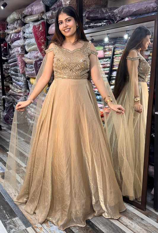 Off Shoulder Hand Work Full Flare Gown in Organza Silk with Long Dupatta Style Sleeves