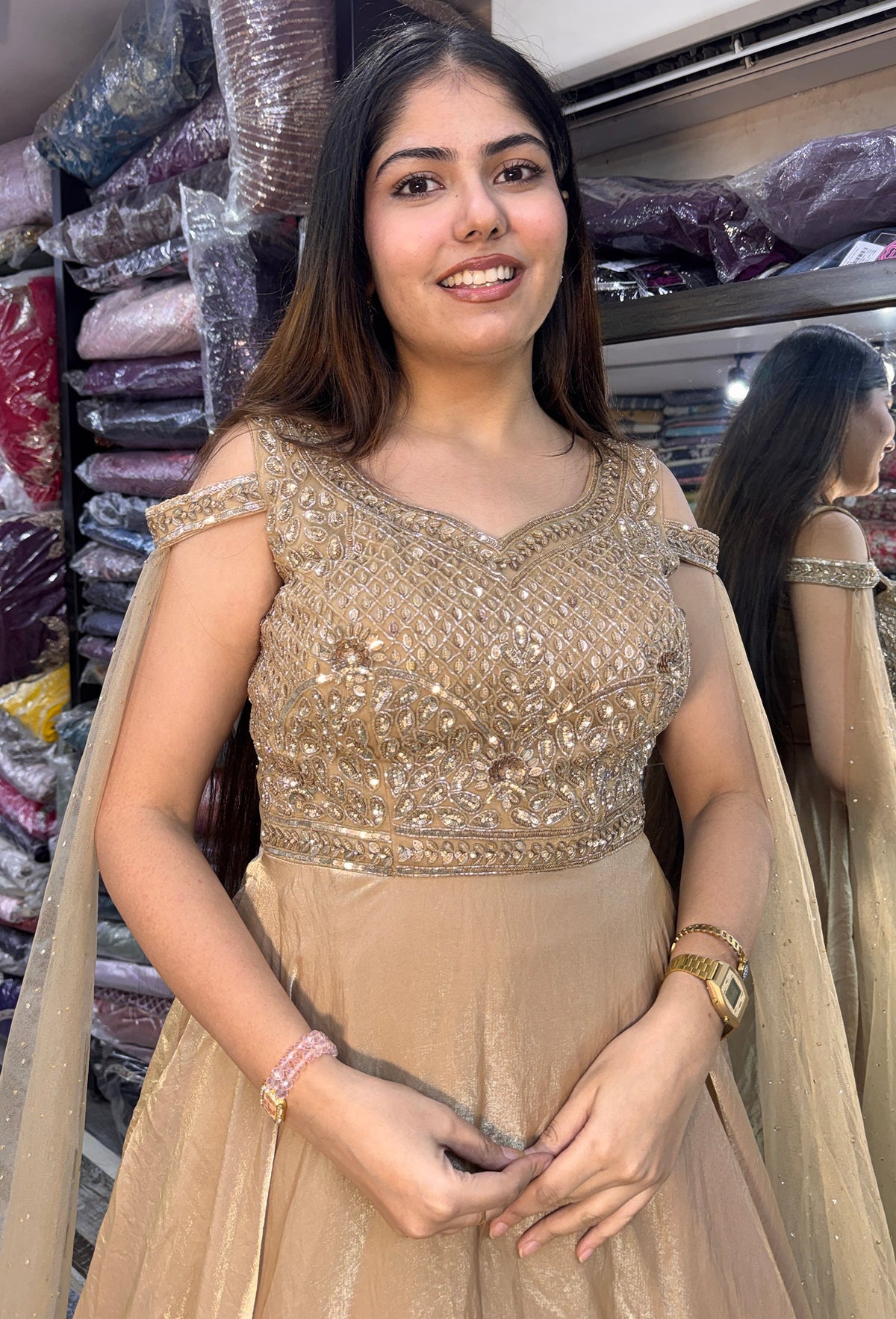 Off Shoulder Hand Work Full Flare Gown in Organza Silk with Long Dupatta Style Sleeves
