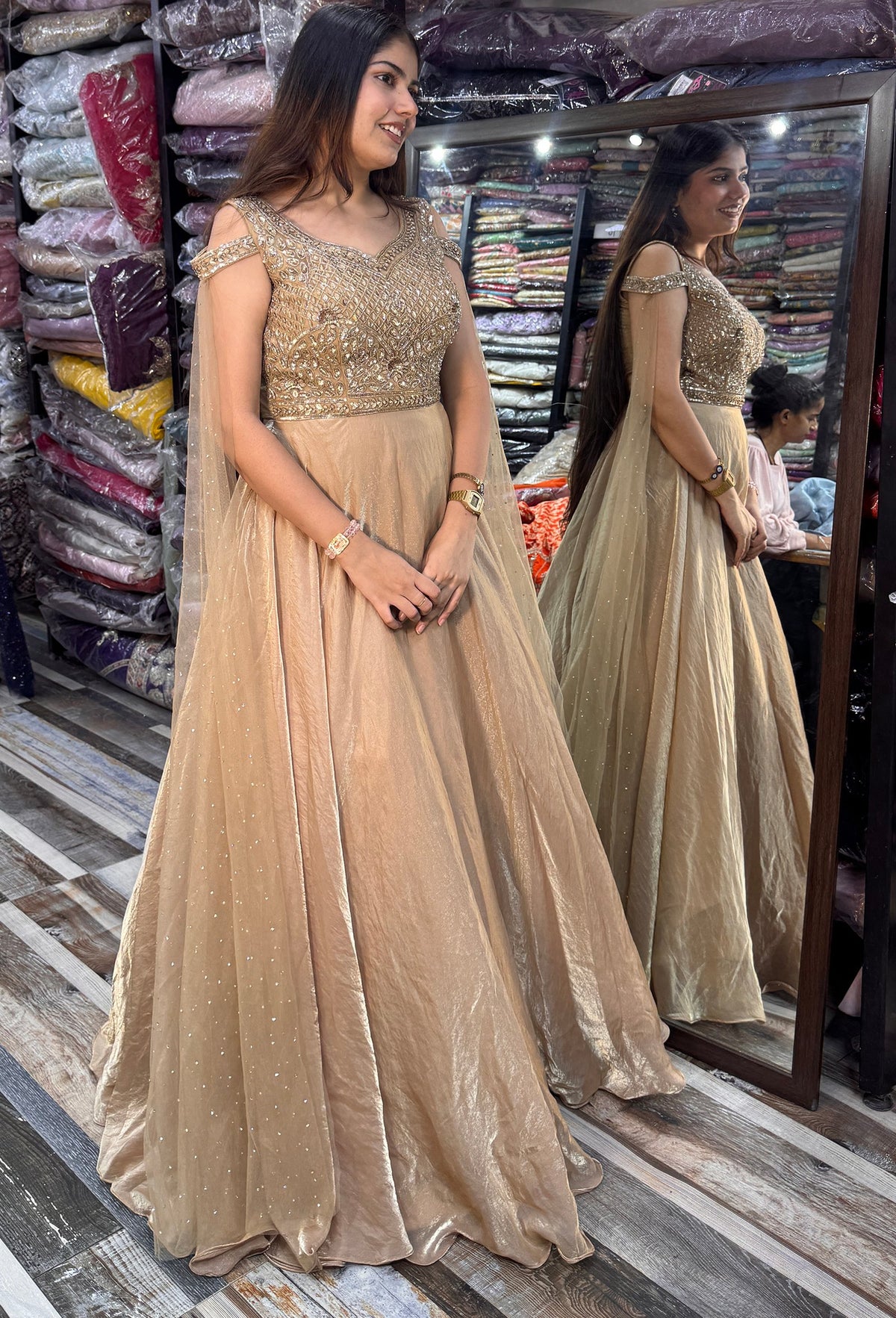 Off Shoulder Hand Work Full Flare Gown in Organza Silk with Long Dupatta Style Sleeves