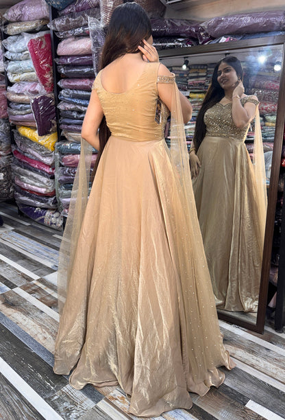 Off Shoulder Hand Work Full Flare Gown in Organza Silk with Long Dupatta Style Sleeves